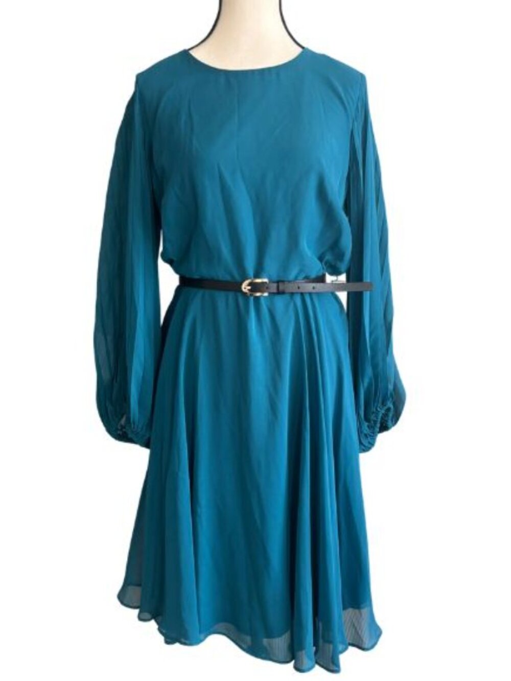 GABBY SKYE BEAUTIFUL PLEATED BELTED SLEEVES TEAL DRESS, SZ. 14